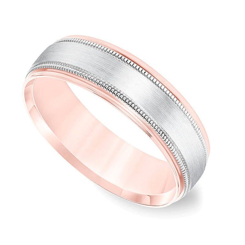 6.5mm Comfort-Fit Brushed Center Milgrain-Edge Wedding Band in 14K Two-Tone Gold