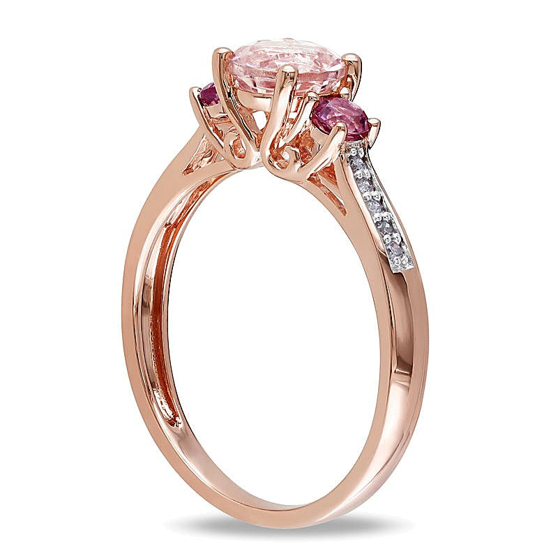 6.0mm Morganite, Pink Tourmaline and Diamond Accent Three Stone Ring in 10K Rose Gold