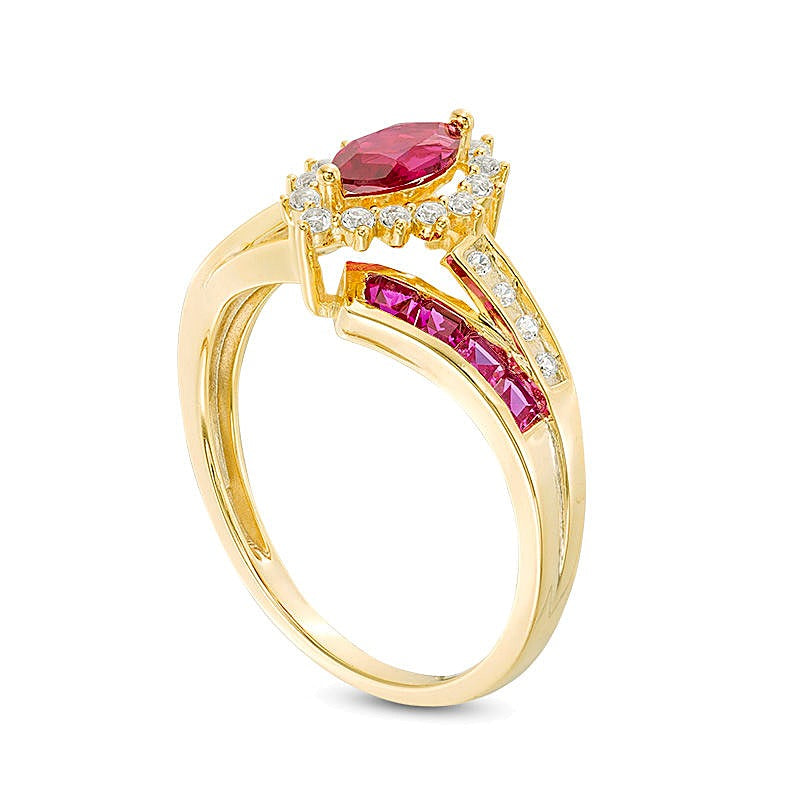 Marquise Ruby and 0.17 CT. TW Diamond Double Row Bypass Ring in 10K Gold