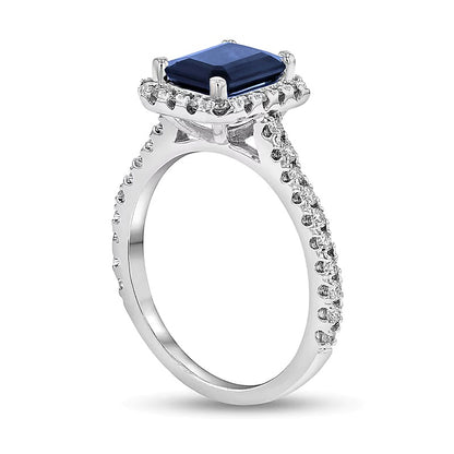 Emerald-Cut Blue Sapphire and 0.38 CT. TW Diamond Frame Ring in 14K White Gold