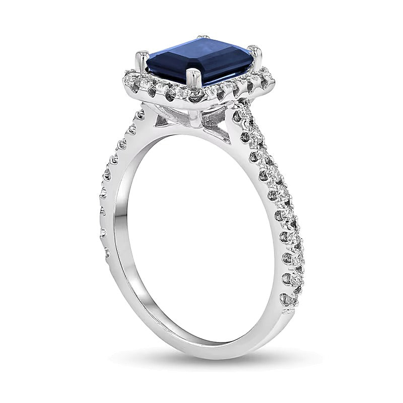 Emerald-Cut Blue Sapphire and 0.38 CT. TW Diamond Frame Ring in 14K White Gold