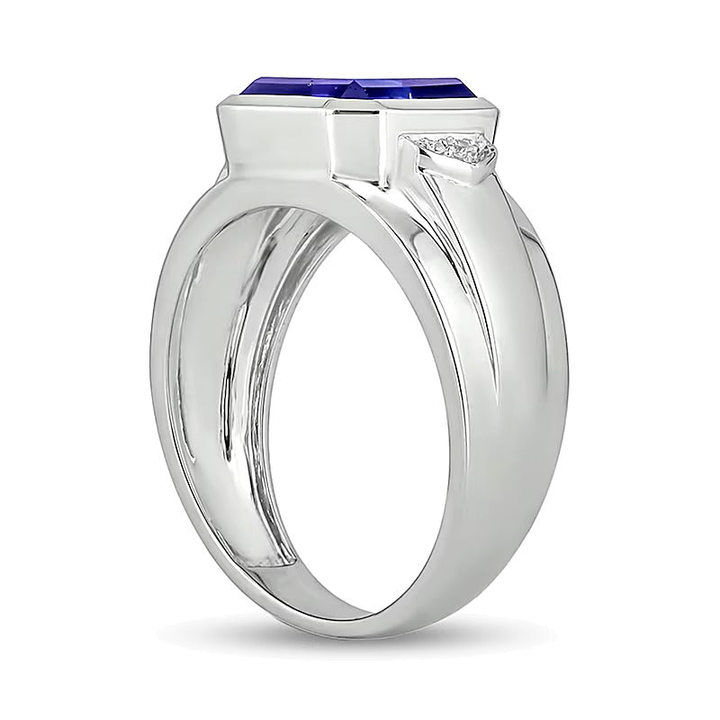 10.0mm Radiant-Cut Blue Lab-Created Sapphire and Diamond Accent Raised Collar Ring in Sterling Silver