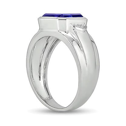 10.0mm Radiant-Cut Blue Lab-Created Sapphire and Diamond Accent Raised Collar Ring in Sterling Silver