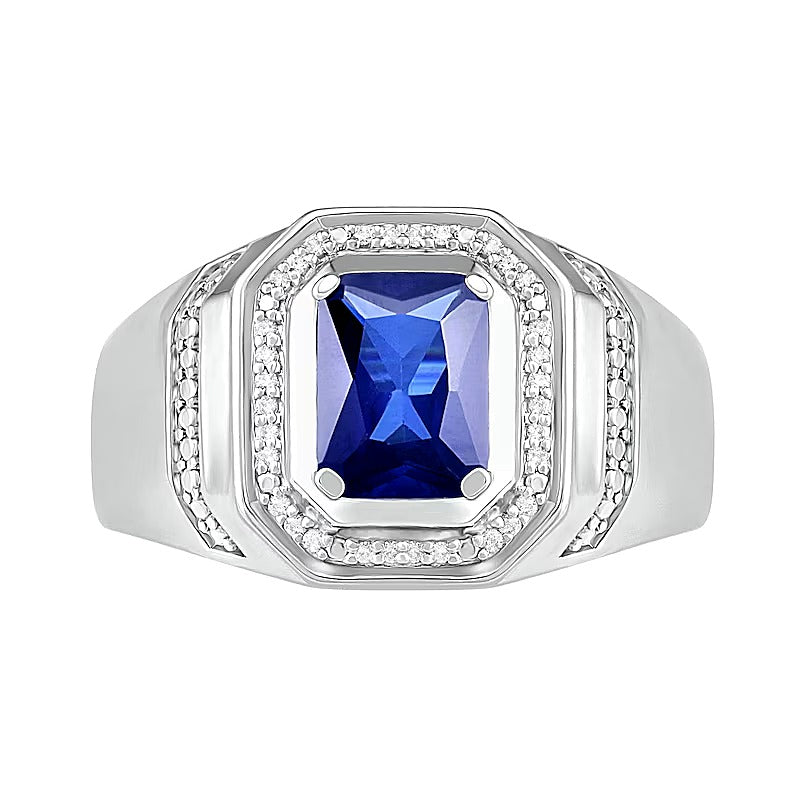 Emerald-Cut Blue Lab-Created Sapphire and 0.1 CT. TW Diamond Octagonal Frame Collar Ring in Sterling Silver