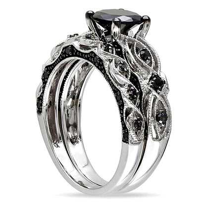 1.38 CT. TW Black Diamond Vintage-Style Bridal Set in 10K White Gold