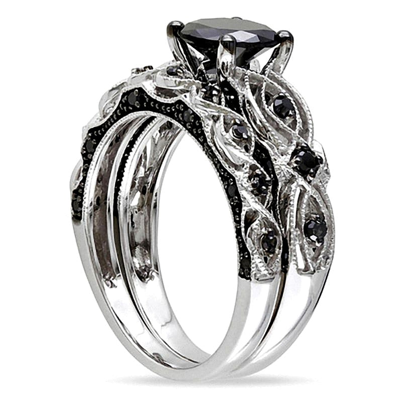 1.38 CT. TW Black Diamond Vintage-Style Bridal Set in 10K White Gold