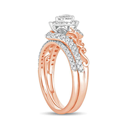 0.63 CT. TW Pear-Shaped Diamond Double Frame Filigree Bypass Bridal Set in 10K Rose Gold