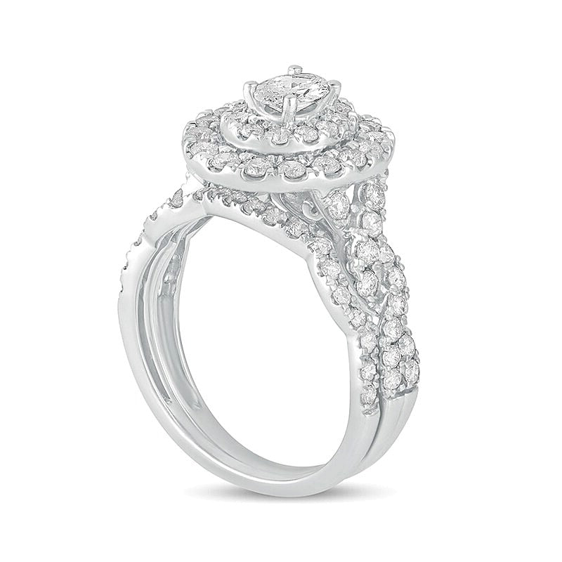 1.5 CT. TW Oval Diamond Double Frame Multi-Row Bridal Set in 10K White Gold
