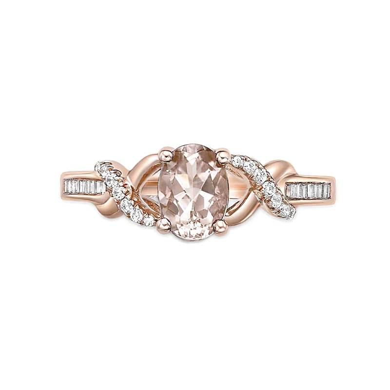 Oval Morganite and 0.17 CT. TW Diamond Crossover Split Shank Ring in 10K Rose Gold