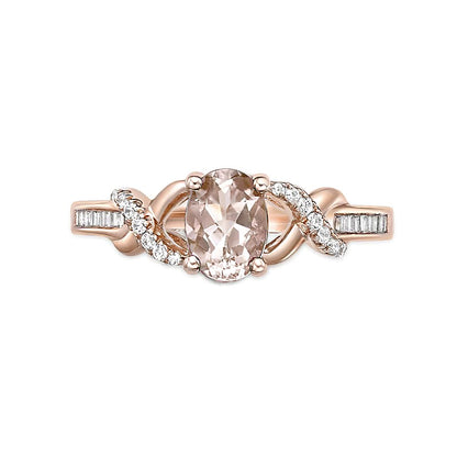 Oval Morganite and 0.17 CT. TW Diamond Crossover Split Shank Ring in 10K Rose Gold