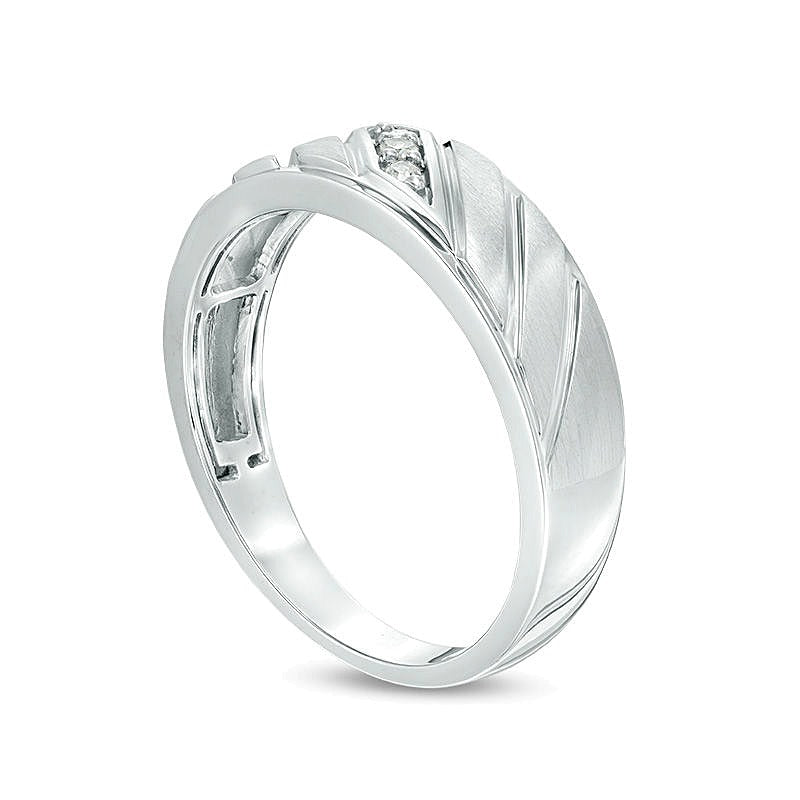 0.05 CT. TW Diamond Three Stone Slant Groove Wedding Band in 10K White Gold
