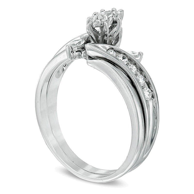 0.5 CT. TW Marquise Diamond Three Stone Slant Bridal Set in 10K White Gold
