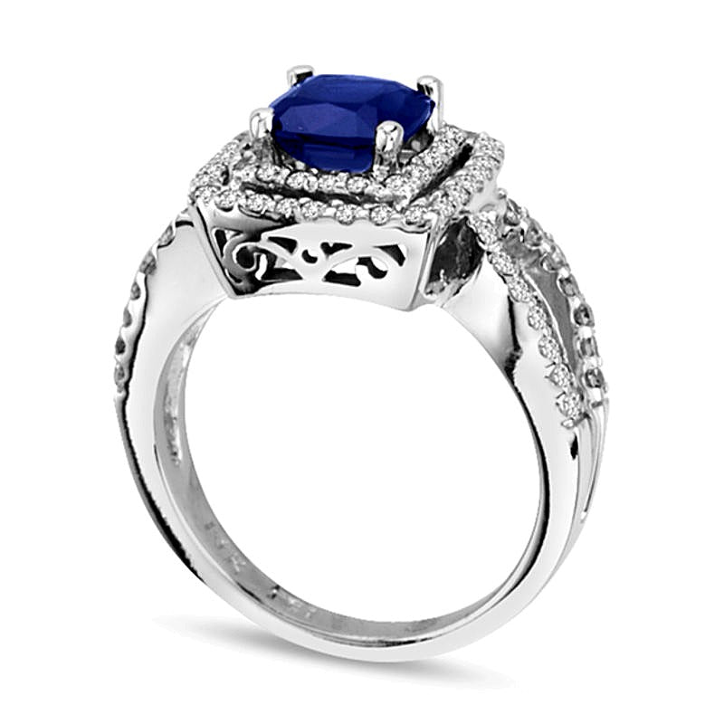 6.5mm Cushion-Cut Blue Sapphire and 0.75 CT. TW Diamond Frame Engagement Ring in 14K White Gold