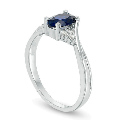 Oval Lab-Created Blue Sapphire and 0.1 CT. TW Diamond Tri-Sides Promise Ring in 10K White Gold