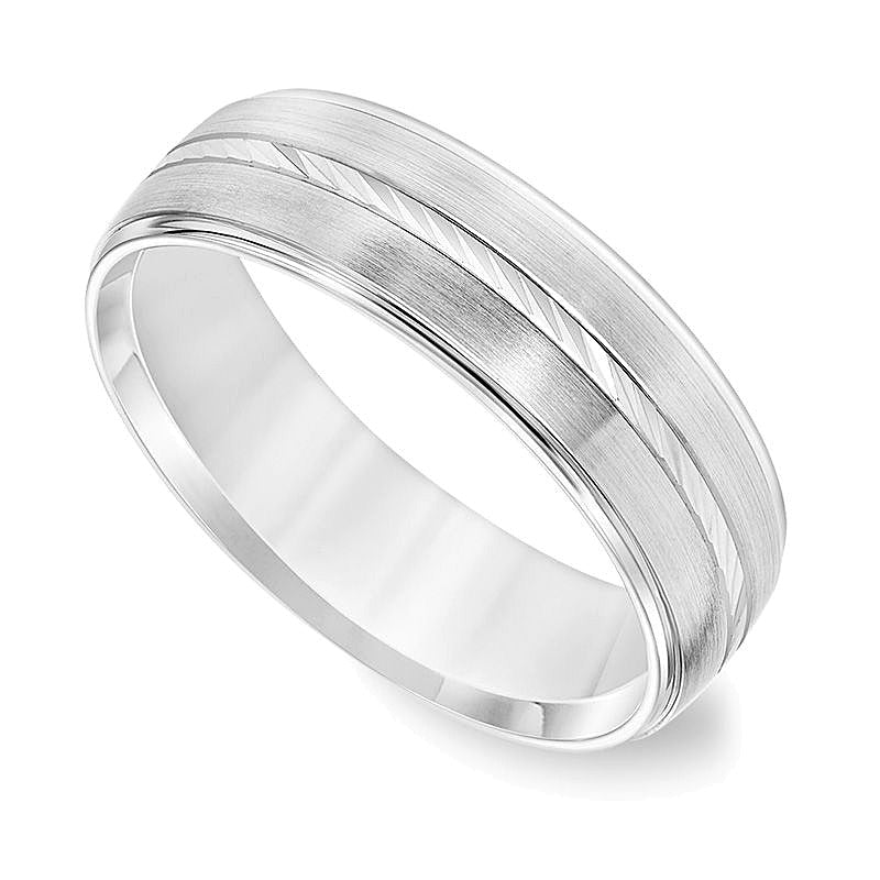 6.0mm Comfort-Fit Swiss-Cut Etched Center Brushed Wedding Band in 14K White Gold