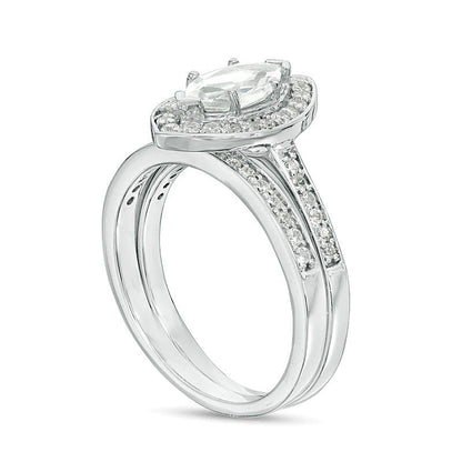 Marquise Lab-Created White Sapphire and 0.33 CT. TW Diamond Frame Bridal Set in Sterling Silver