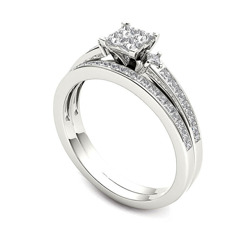 1.0 CT. TW Quad Princess-Cut Multi-Diamond Bridal Set in 14K White Gold