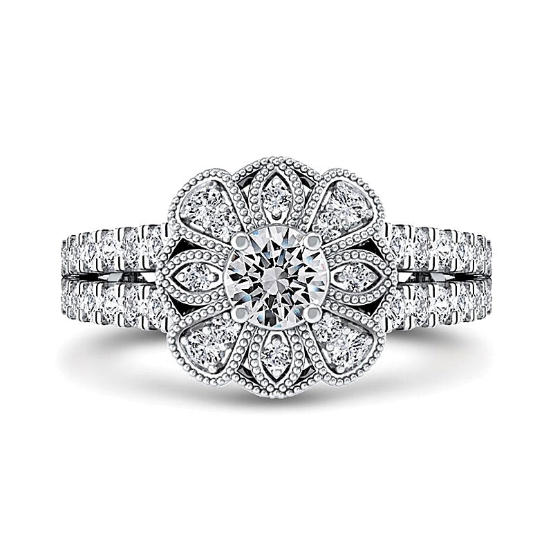 0.75 CT. TW Diamond Flower Frame Double Row Split Shank Ring in 10K White Gold