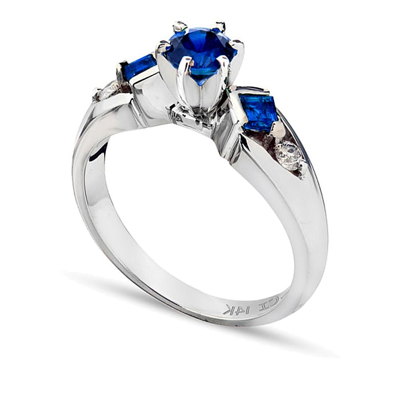 5.0mm Blue Sapphire and 0.1 CT. TW Diamond Engagement Ring in 14K White Gold