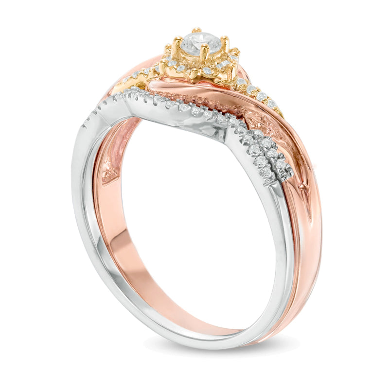 0.25 CT. TW Diamond Frame Swirl Bridal Set in 10K Tri-Tone Gold