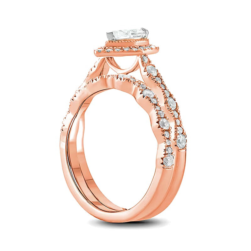 1.0 CT. TW Pear-Shaped Diamond Frame Art Deco Vintage-Style Bridal Set in 14K Rose Gold