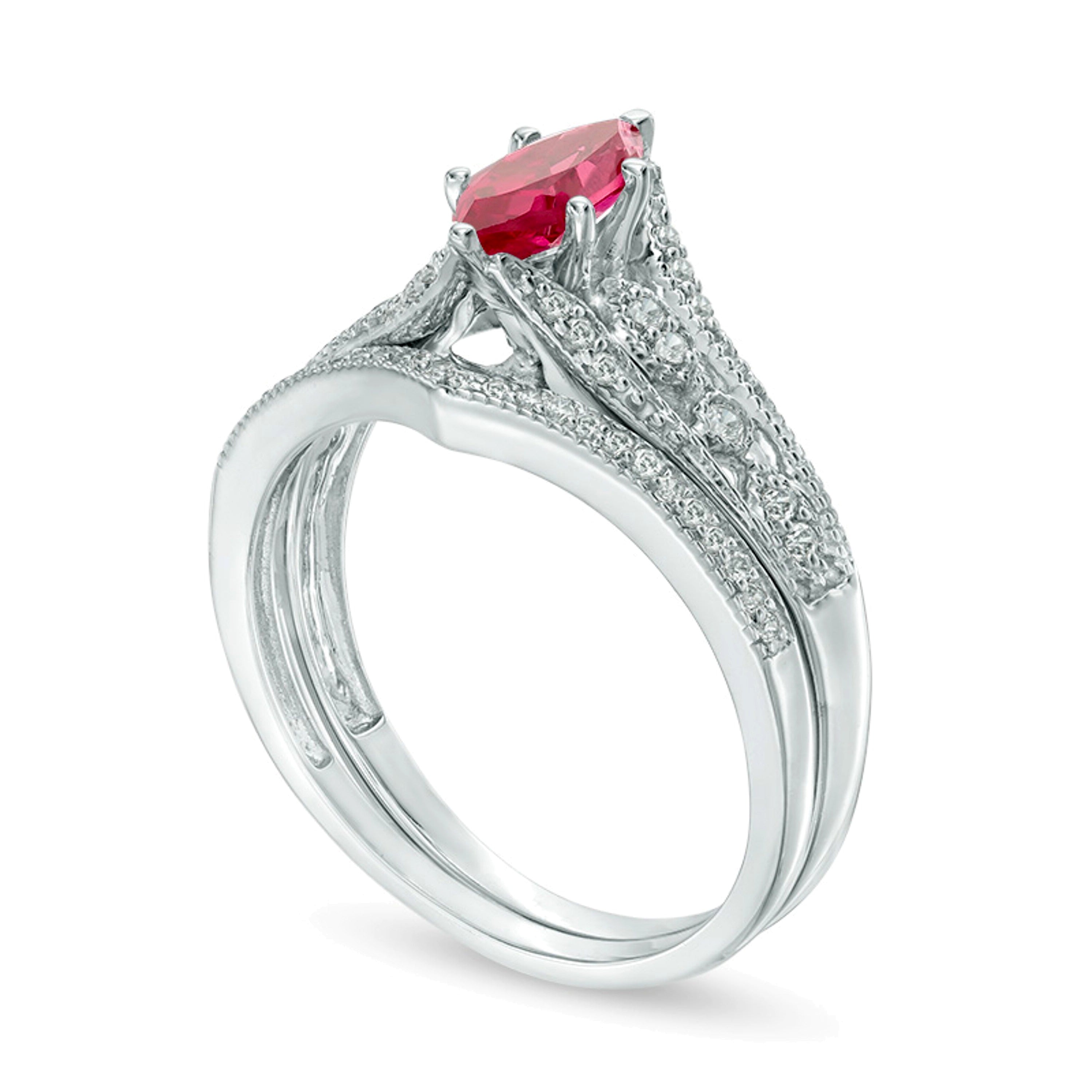 Marquise Lab-Created Ruby and 0.2 CT. TW Diamond Vintage-Style Bridal Set in 10K White Gold