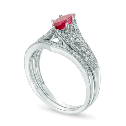 Marquise Lab-Created Ruby and 0.2 CT. TW Diamond Vintage-Style Bridal Set in 10K White Gold