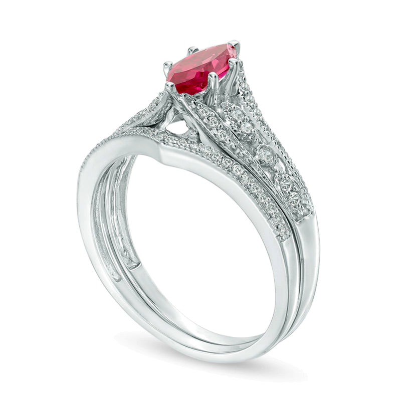 Marquise Lab-Created Ruby and 0.2 CT. TW Diamond Vintage-Style Bridal Set in 10K White Gold