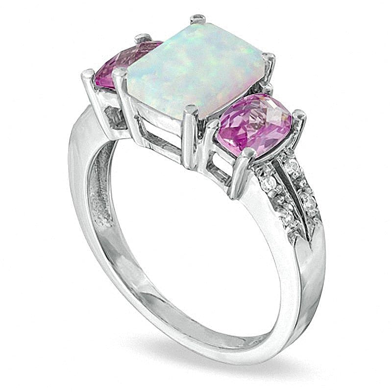 Cushion-Cut Lab-Created Opal, Pink Sapphire and Diamond Accent Ring in 10K White Gold