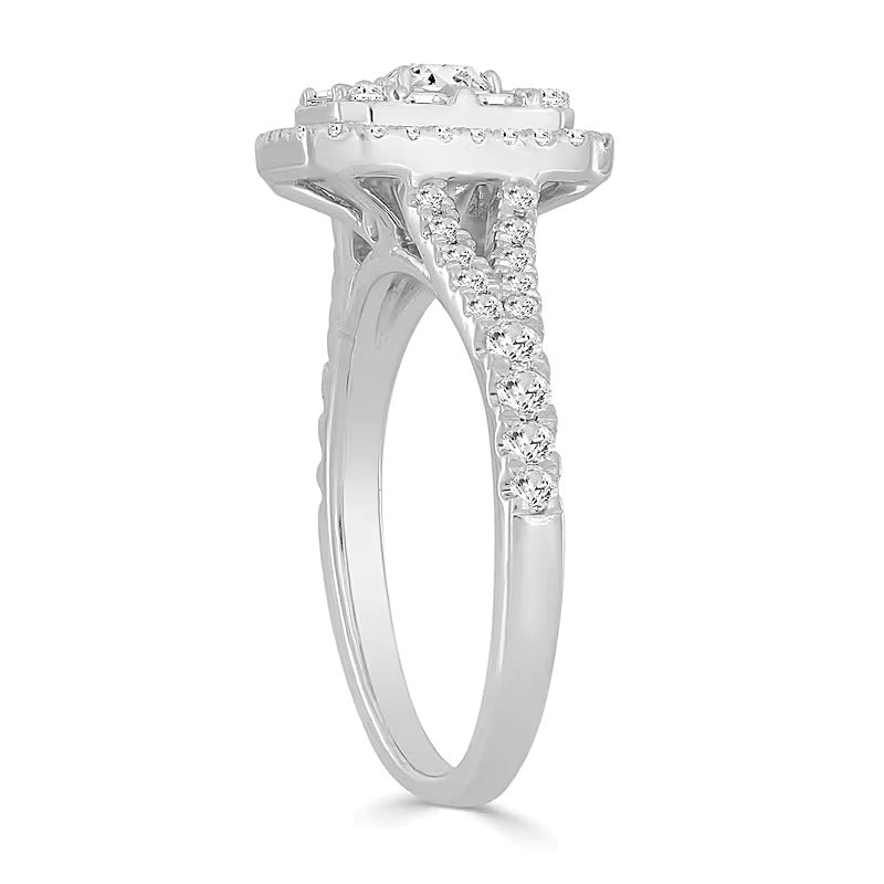 0.75 CT. TW Emerald-Shaped Multi-Diamond Frame Split Shank Engagement Ring in 10K White Gold