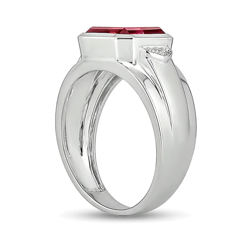 10.0mm Radiant-Cut Lab-Created Ruby and Diamond Accent Raised Collar Ring in Sterling Silver