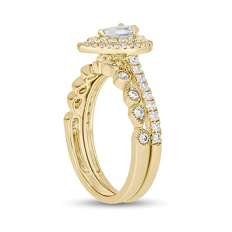 1.0 CT. TW Pear-Shaped Diamond Double Frame Vintage-Style Bridal Set in 10K Gold (I/I2)