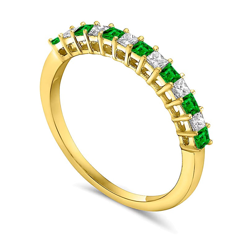 Princess-Cut Emerald and 0.2 CT. TW Princess-Cut Diamond Alternating Anniversary Band in 10K Gold