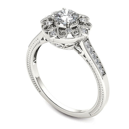 0.63 CT. TW Diamond Flower Frame Vintage-Style Engagement Ring in 14K White Gold