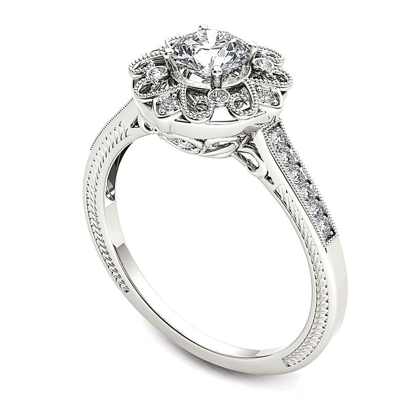 0.63 CT. TW Diamond Flower Frame Vintage-Style Engagement Ring in 14K White Gold