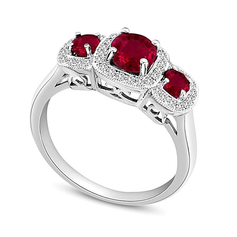 Ruby and 0.2 CT. TW Diamond Vintage-Style Three Stone Engagement Ring in 14K White Gold