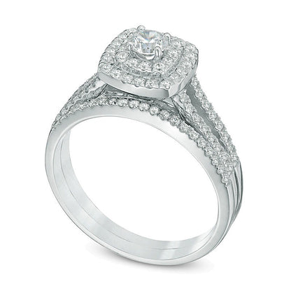 0.75 CT. TW Diamond Cushion-Shaped Double Frame Split Shank Bridal Set in 10K White Gold