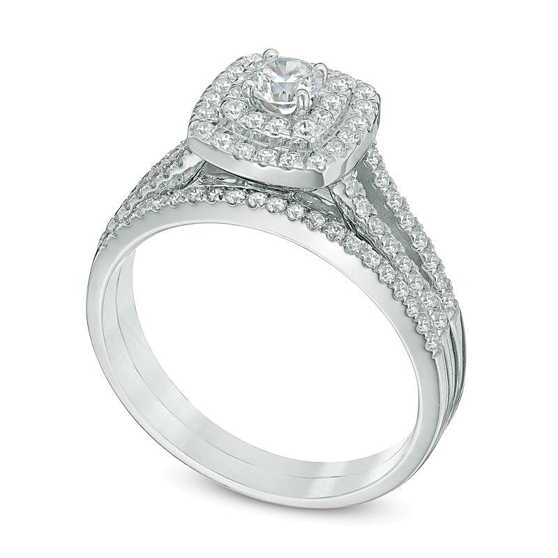 0.75 CT. TW Diamond Cushion-Shaped Double Frame Split Shank Bridal Set in 10K White Gold