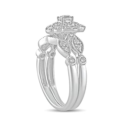 0.63 CT. TW Oval Diamond Double Petal Frame Vintage-Style Bridal Set in 10K White Gold