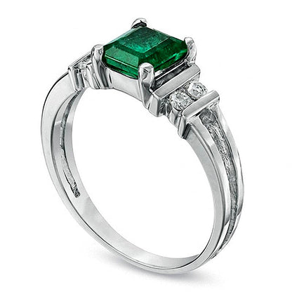 Emerald-Cut Emerald and 0.1 CT. TW Diamond Engagement Ring in 14K White Gold