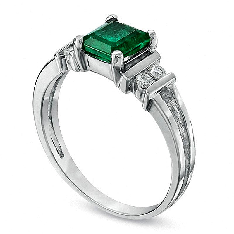 Emerald-Cut Emerald and 0.1 CT. TW Diamond Engagement Ring in 14K White Gold