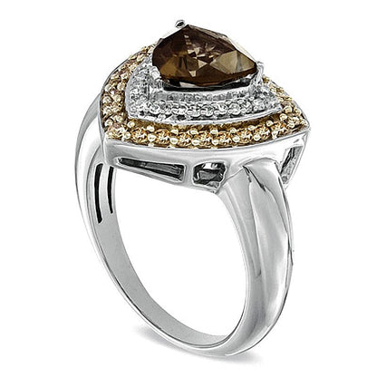Trillion-Cut Smoky Quartz and 0.5 CT. TW Enhanced Champagne and White Diamond Ring in Sterling Silver