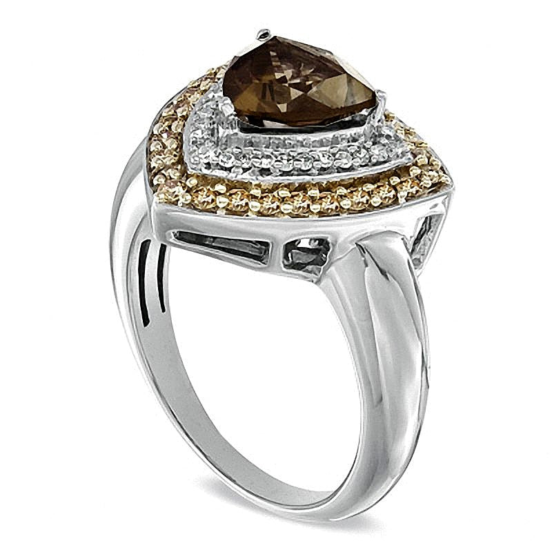 Trillion-Cut Smoky Quartz and 0.5 CT. TW Enhanced Champagne and White Diamond Ring in Sterling Silver