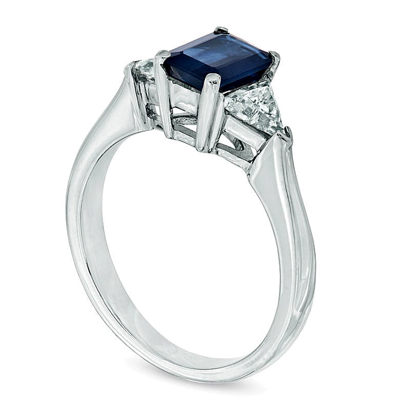 Emerald-Cut Blue Sapphire and 0.5 CT. TW Trillion-Cut Diamond Ring in 14K White Gold