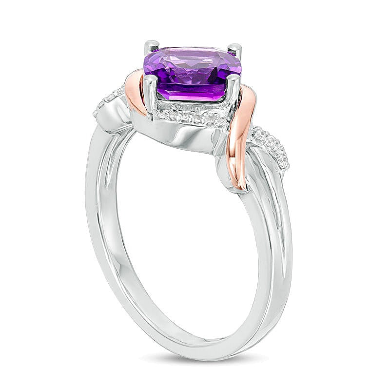 7.0mm Cushion-Cut Amethyst and 0.04 CT. T.W. Diamond Overlay Frame Ring in Sterling Silver and 10K Rose Gold