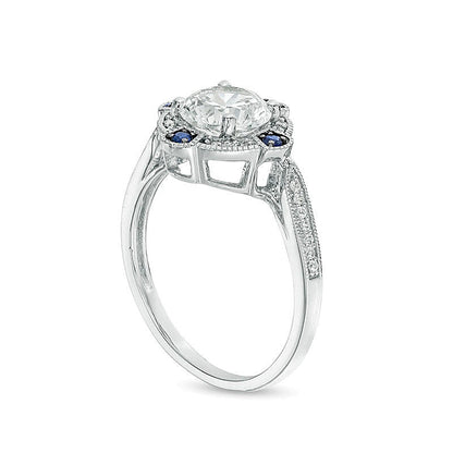 Lab-Created White and Blue Sapphire with 0.13 CT. TW Diamond Compass Frame Vintage-Style Ring in Sterling Silver