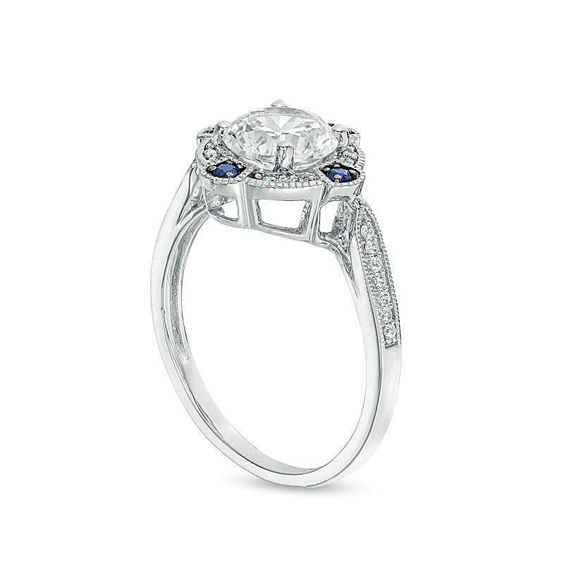 Lab-Created White and Blue Sapphire with 0.13 CT. TW Diamond Compass Frame Vintage-Style Ring in Sterling Silver