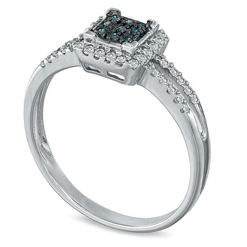 0.25 CT. TW Enhanced Blue and White Diamond Square Frame Split Shank Ring in 10K White Gold