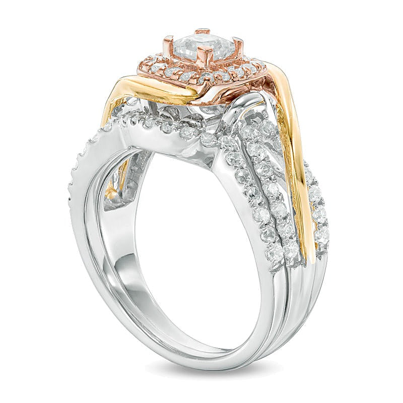 1.0 CT. TW Princess-Cut Diamond Square Frame Swirl Bridal Set in 10K Tri-Tone Gold