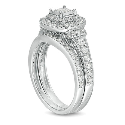 1.0 CT. TW Princess-Cut Diamond Double Frame Collar Vintage-Style Bridal Set in 10K White Gold